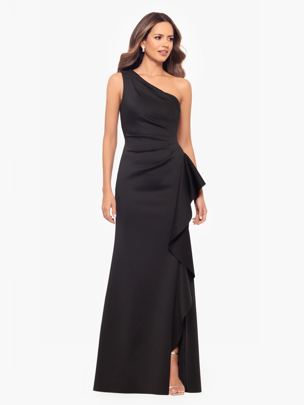 NWOT Xscape Evenings Plus "FLO" Long Techno Scuba One Shoulder Ruffle Dress 14W